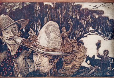 När Tom hade tagit farväl av sin far gick de iväg med honom .. , från Bröderna Grimms sagor, pub. 1909 av Arthur Rackham