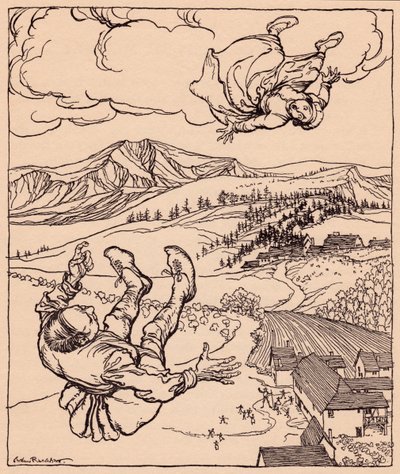 När hennes man såg henne ropade han: Hej! kom till mig här". Illustration av Arthur Rackham från Grimm