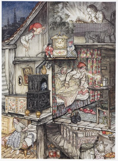 「夜になり、店が閉まったとき」。 自宅での夜の家族。 屋根裏部屋で本を読んでいる男性。 鍵穴から覗くエルフ。 2 人、ベッドの両親。 彼女のベッドに座っている若い女の子.スウェーデン語 av Arthur Rackham