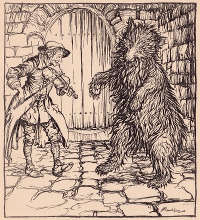 När björnen hörde musiken kunde han inte låta bli att börja dansa. Illustration av Arthur Rackham från Grimm