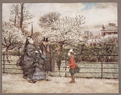 När du möter vuxna människor i trädgårdarna som puffar och blåser som om de trodde att de var större än de är... , från Peter Pan i Kensington Gardens av J M Barrie (1860 - 1937), pub. 1906 (kolo av Arthur Rackham