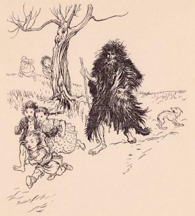 Den som såg honom sprang iväg. Illustration av Arthur Rackham från Grimm