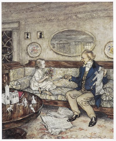 "Varför ser mina blommor så bleka ut idag" ? Färgillustration som visar en ung flicka, Ida, sittande i en soffa med en ung man, en student, som håller i en sax. av Arthur Rackham
