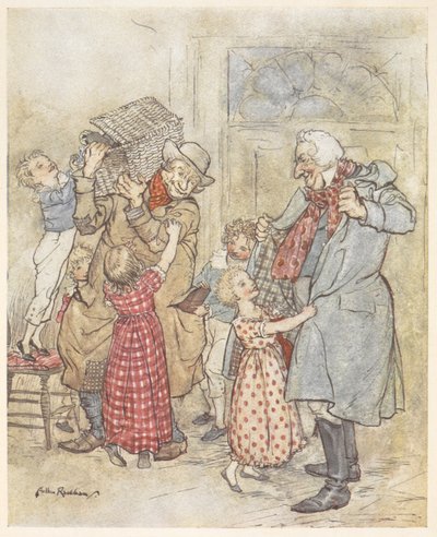 Små barn hjälper två äldre män med sina rockar när de går in i ett hus med julklappar av Arthur Rackham