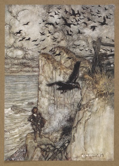 .... rusknäckta choughs, många i sort, reser sig och gnäller på vapnets rapport