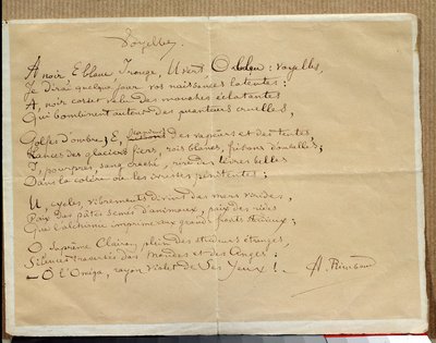 Manuskript av Arthur Rimbauds dikt: "Vokalerna"" av Arthur Rimbaud
