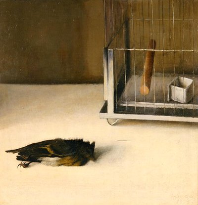 Berlin (Död fågel före en bur) 1933 (olja ombord) av Arthur Segal