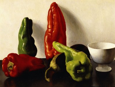 Stilleben med röd och grön paprika av Arthur Segal