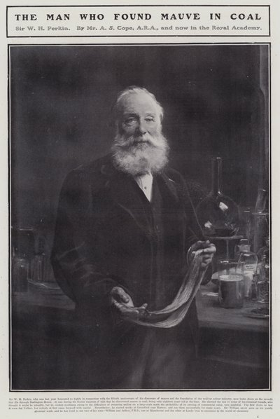 William Henry Perkin, engelsk kemist som upptäckte det första syntetiska organiska färgämnet, mauveine (litho) av Arthur Stockdale Cope