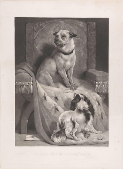 Hund på en hermelinkappa på en tron Geordie sitter i Charlies stol (titel på objekt) av Arthur Turrell