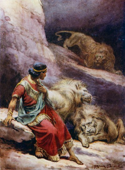 Daniel i lejonhålan (färg litho) av Arthur Twidle