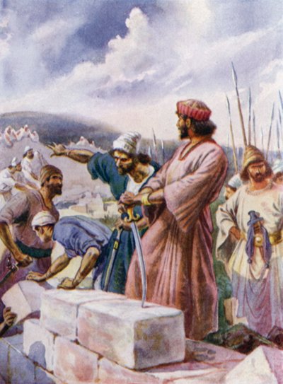 Nehemja bygger muren (färg litho) av Arthur Twidle