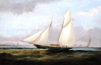 En skonare med lätt segel och sänkt försegel (olja på duk) av Arthur Wellington Fowles