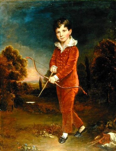 Porträtt av en ung pojke i en röd kostym som håller en pilbåge (olja på duk) av Arthur William Devis