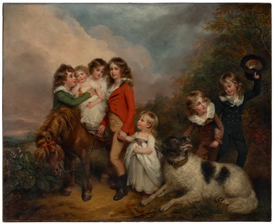 Porträtt av Benjamin Goldsmids barn, med en ponny och en hund i ett landskap av Arthur William Devis