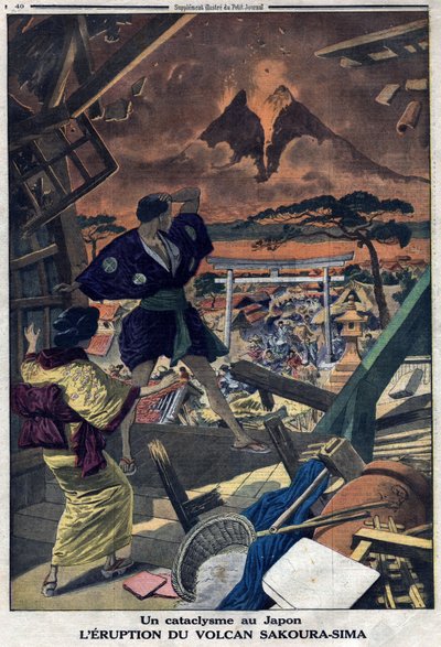 En kataklysm i Japan: Utbrottet av vulkanen Sakoura Sima ( av Artist Unknown
