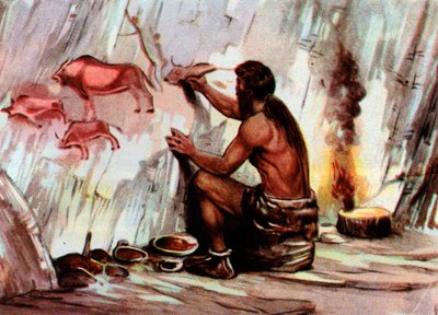 En Homo Sapiens-målning i en grotta, från "Vita Meravigliosa" (tryck) av Artist Unknown
