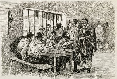 Argentina (1900-talet). "Pulperia", en krog och spritbutik. Illustration av T.Tamarera. Gravyr av Artist Unknown