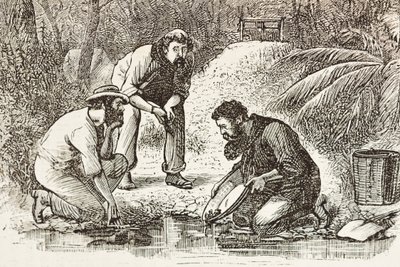 Australien (1880). Guldgrävarnas liv i Botany Bay (grundat 1788). Gravyr. Privat samling av Artist Unknown