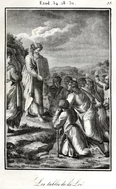 Bibeln, Moses visar de två tavlorna med de tio budorden (gravyr) av Artist Unknown