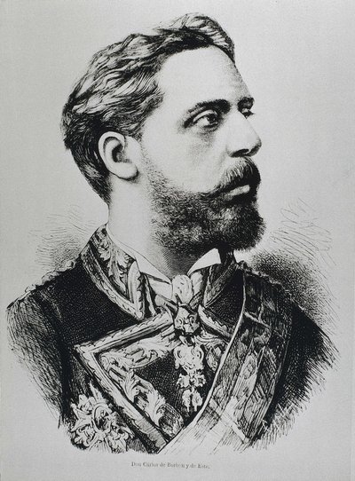 CARLOS VII, Carlos Maria de los Dolores de Borbon y Austria-Este (1848-1909). Karlistisk tronpretendent till Spaniens tron som Carlos VII. Spanien. Carlism. Karl VII, karlistpartiets tronpretendent. Publicerad i "La ilustracion Espanola y Americana". Gravy av Artist Unknown