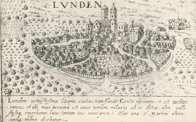 Staden Lund, som tillhörde Danmark på medeltiden, gravyr av Artist Unknown
