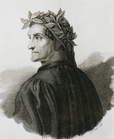 DANTE ALIGHIERI (1265-1321). Italiensk poet; Raphael (1483-1520). Reproduktion av en fresk av Rafael. Gravyr. av Artist Unknown