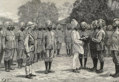 England (1800-talet). Kolonisering. Indien. De nya regementena i Burmah. Avläggande av ed för nya rekryter. Gravyr. Privat samling av Artist Unknown