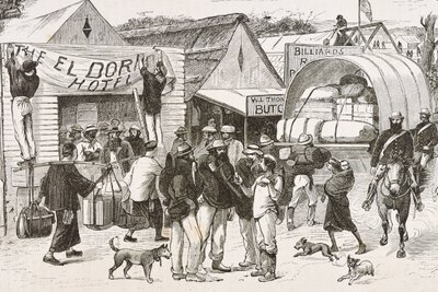 England (C19th). Koloniseringen (1880). Guldgrävarnas liv i Australien. Den engelska kolonin Botany Bay (grundad 1788) befolkades till en början mest av kriminella guldgrävare och handelsmän. Gravyr. Privat samling av Artist Unknown