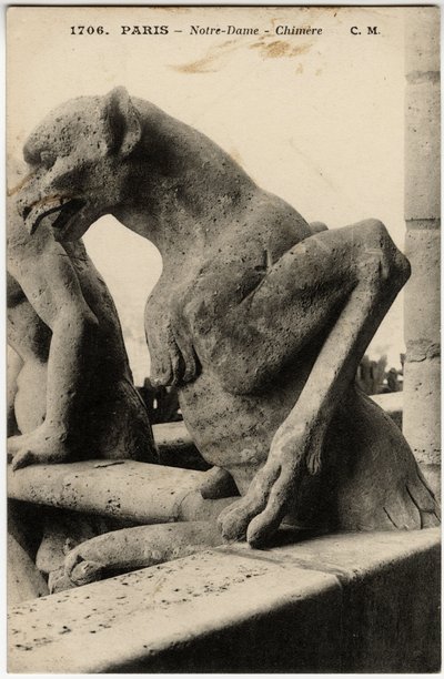 Gargoyle eller chimere på katedralen Notre Dame de Paris byggd mellan 1163 och 1300-talet - Vykort, Selva-samlingen av Artist Unknown