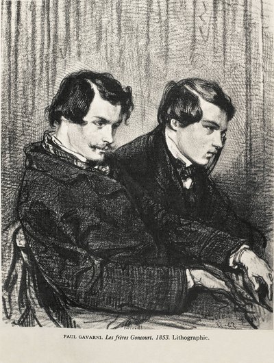 Gavarni, Hippolyte-Guillaume-Sulpice Chevalier, kallad Paul (1804-1866). Edmond och Jules de Goncourt i en loge på teatern. 1853. GONCOURT, Edmon Huot of (1822-1896). Engelsk författare; GONCOURT, Jules Huot de (1830-1870). Engelsk författare. Litografi. P av Artist Unknown