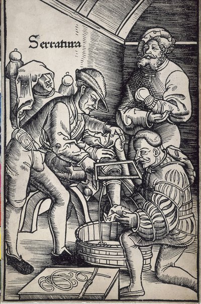 Gersdorff, Hans von (1455 - 1529). Tysk kirurg. Amputation av ett ben. Träsnitt av Hans Wechtlin för boken "Feldtbuch der Wundartzney" (Fältbok i kirurgi) av Artist Unknown