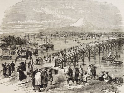JAPAN (C19th).Staden Edo, korsad av floden Toniak. Gravyr. Privat samling av Artist Unknown
