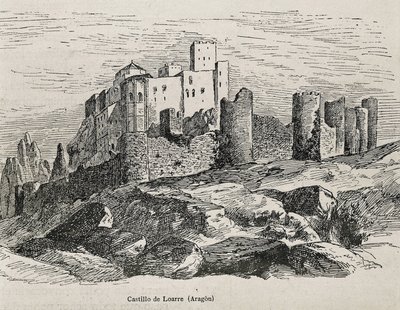 Loarre. Romanskt slott. Gravyr. SPANIEN. ARAGON. Zaragoza. Allmänna militärakademin av Artist Unknown
