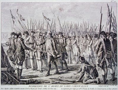 Lord Corwallis kapitulation av den brittiska armén vid Yorktown (gravyr) av Artist Unknown
