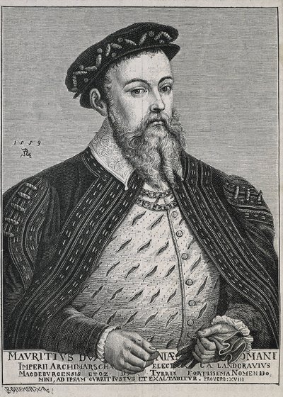 Maurice av Sachsen (1521-1553). Hertig (1541-47) och senare kurfurste (1547-53) av Sachsen. Protestant från 1539. Porträtt efter en målning av Lucas Cranach. Gravyr av Artist Unknown