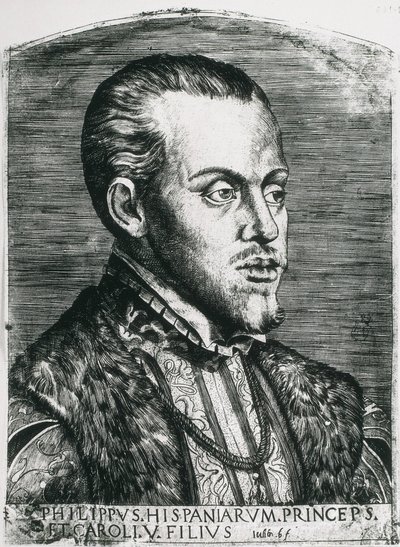 PHILIP II av Spanien (1527-1598). Kung av Spanien (1556-1598) och Portugal (1580-1598). Porträtt av Filip fortfarande som prins. Xylografi. av Artist Unknown