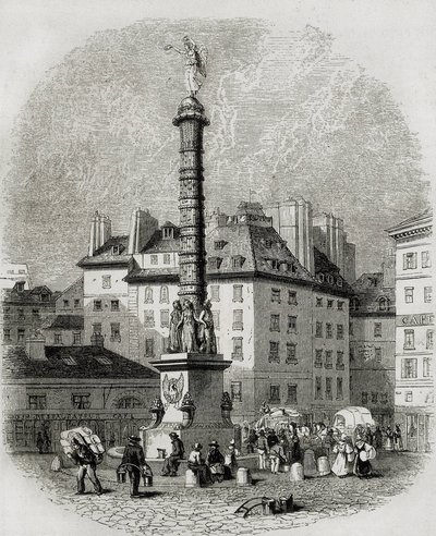 Paris, Paris. Vattenförsäljare framför fontänen på Place Chatelet (gravyr) av Artist Unknown