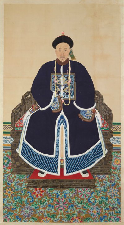 Porträtt av en hovman från Qing, möjligen Jing Shou (d.1889) (bläck och färg på siden) av Artist Unknown
