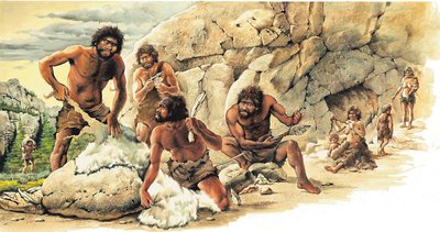 Förhistoria Paleolitisk period: Jägare använder huden från dödade betar och tillverkar verktyg och vapen (spjut). av Artist Unknown