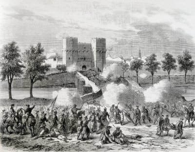 Spanien (1868). Den ärorika revolutionen. Anfall av regeringstrupperna i Serransporten i Valencia. Gravyr från "The Illustration. Jorinal Universal". Etsning av Artist Unknown