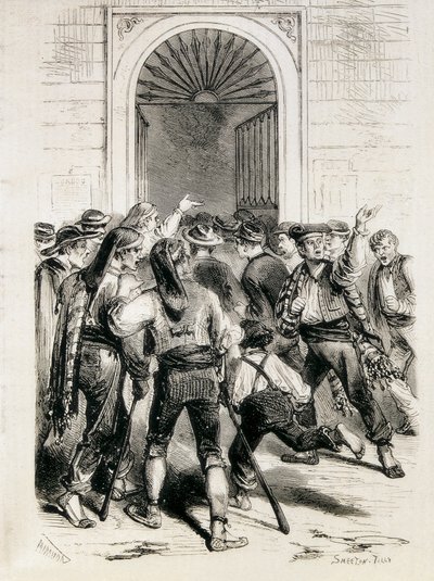 Spanien (1873). Utropandet av den första republiken och stormningen av Barcelonas rådhus (11 februari 1873). Etsning. av Artist Unknown