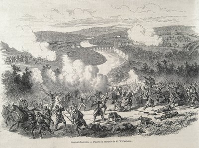 Spanien. Revolutionen 1868. Slaget vid Alcolea (20 september), som kulminerade i att Isabel II avsattes. Gravyr av Artist Unknown
