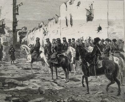 Spanien. Den första republiken (1873-1874). Kantonen Cartagena. Generalen Jose Lopez Dominguez i Cartagena efter kantonalisternas kapitulation. Bilden publicerad i "La Ilustracion Espanola y Americana". Etsning. av Artist Unknown