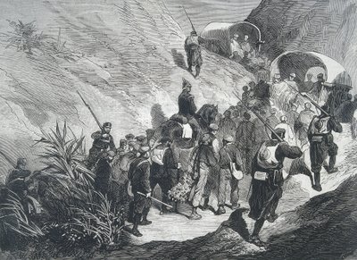 Spanien. Tredje carlistkriget. Carlistfångar går över bergen i Emporda (Katalonien). Gravyr. av Artist Unknown
