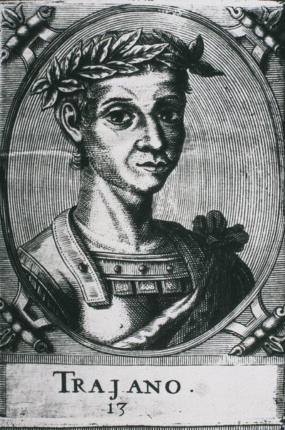 TRAJAN, Marcus Ulpius Traianus (53-117). Porträtt av Trajanus med lagerkransar. Detalj av originalgravyren. Gravyr. av Artist Unknown