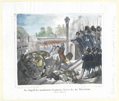 Attacken av k. k. Infanteriregementet Nassau vid Taborbron (Taborbruecke) den 6 oktober 1848 av Artist Unknown