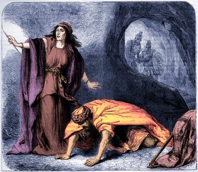 Samuel uppfostras av häxan från Endor -Bibel (tryck) av Artist Unknown
