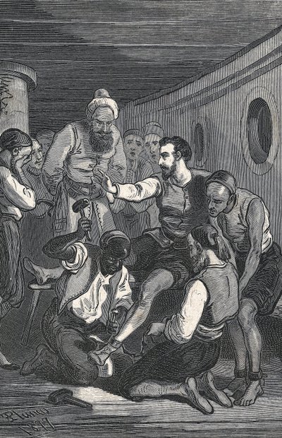 Trinidadborna Fray Juan Gil och Fray Anton de la Bella befriade Cervantes från fångenskapen i Alger 1580 (gravyr) av Artist Unknown
