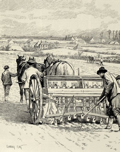 FÖRENADE KUNGARIKET. ENGLAND. Den industriella revolutionen. Borrmaskin uppfunnen av Jethro Tull. Sådd av korn i februari. Teckning av Gunning King publicerad i "The Illustrated London News". Gravyr. av Artist Unknown